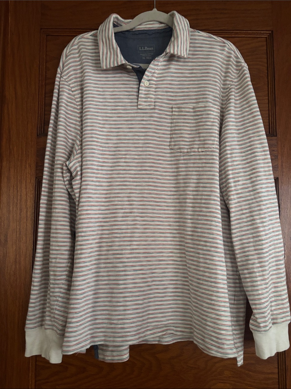 L.L. Bean Long-Sleeve Polo in Cream with Red & Blue Stripes